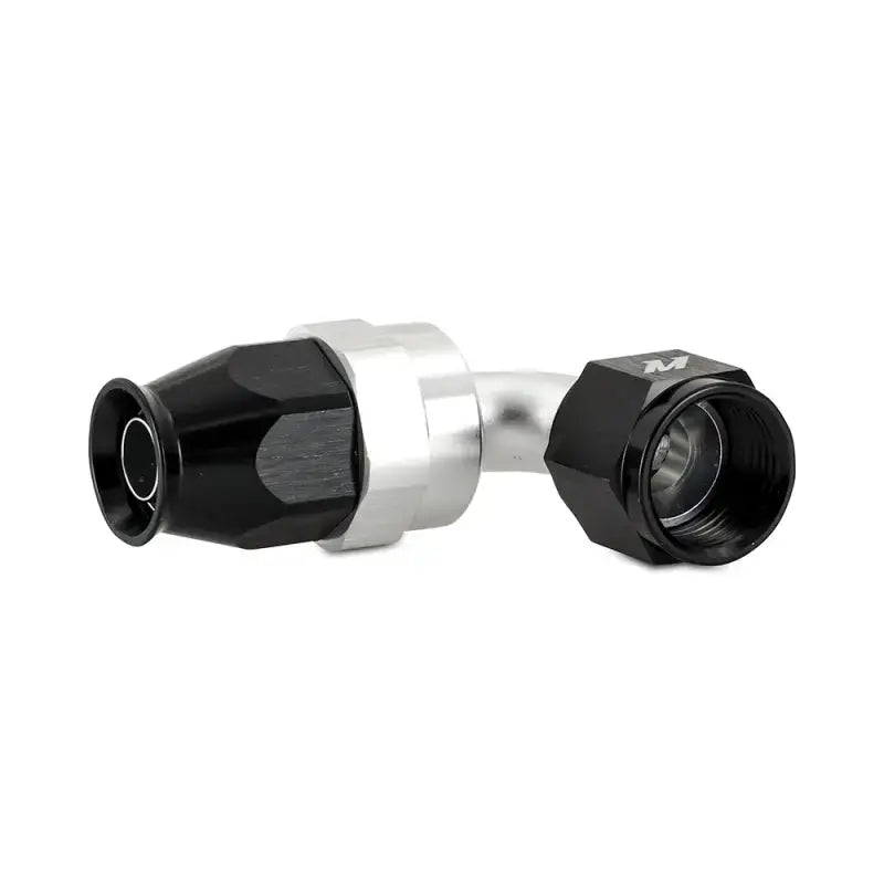 Black and silver Mishimoto Aluminum PTFE -4AN 90 degree hose fitting for performance builds