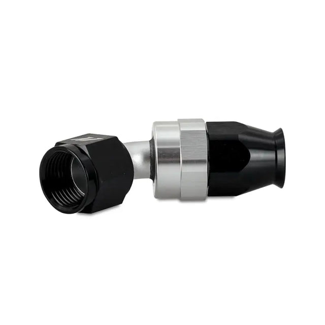 Black and silver Mishimoto Aluminum PTFE -8AN 45 degree swivel hose fitting