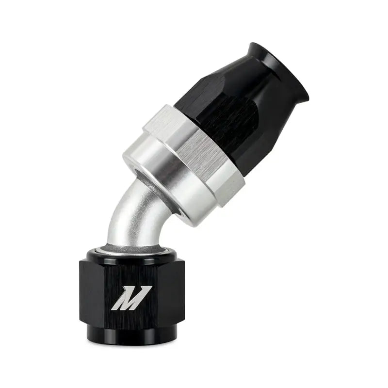 Black and silver mishimoto aluminum PTFE 45 degree hose fitting for high-performance setups