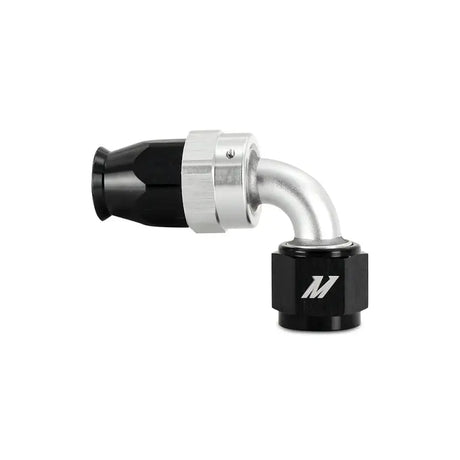 Mishimoto aluminum PTFE 90-degree hose fitting in black and silver