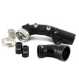 Black metal and rubber intake system on Mishimoto BMW N54 Charge Pipe for better boosts