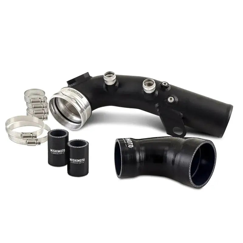 Black metal and rubber intake system on Mishimoto BMW N54 Charge Pipe for better boosts