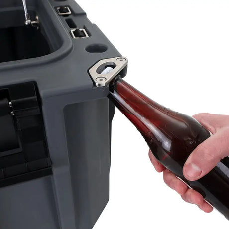 Gray Mishimoto Borne off-road hard case cooler with built-in bottle opener