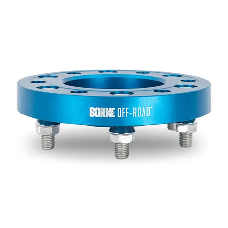 Blue metal wheel spacers with studs for Mishimoto Borne 5x150 hub bore compatibility