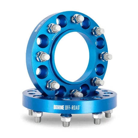 Blue Mishimoto Borne wheel spacers for 8x165.1 vehicle upgrade in blue color