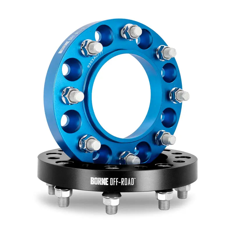 Blue and black Mishimoto Borne off-road wheel spacers for enhanced grip and style