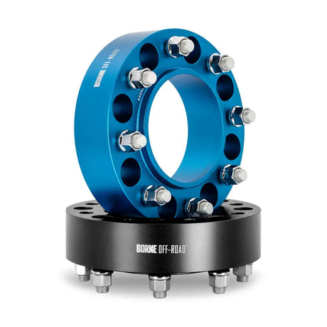 Blue and black Mishimoto Borne off-road wheel spacers for 8X165.1 121.3 50 M14 wheels