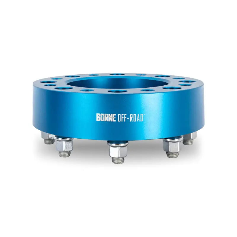Blue metal wheel spacers with studs for Mishimoto Borne Off-Road wheels