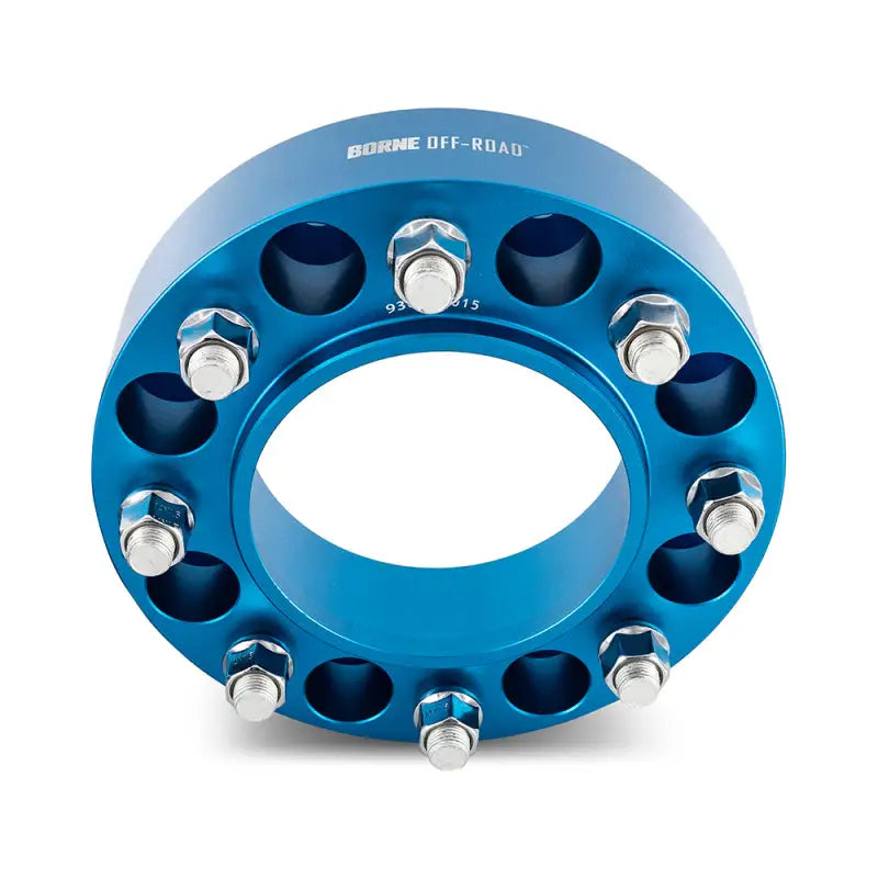 Blue Mishimoto Borne off-road wheel spacers with bolts for enhanced fitment