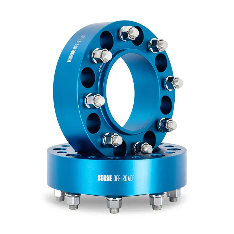 Blue Mishimoto Borne off-road wheel spacers with bolts for better fitment