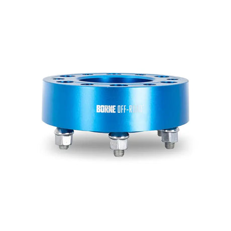 Blue Mishimoto Borne road wheel spacers with studs for improved fit and style