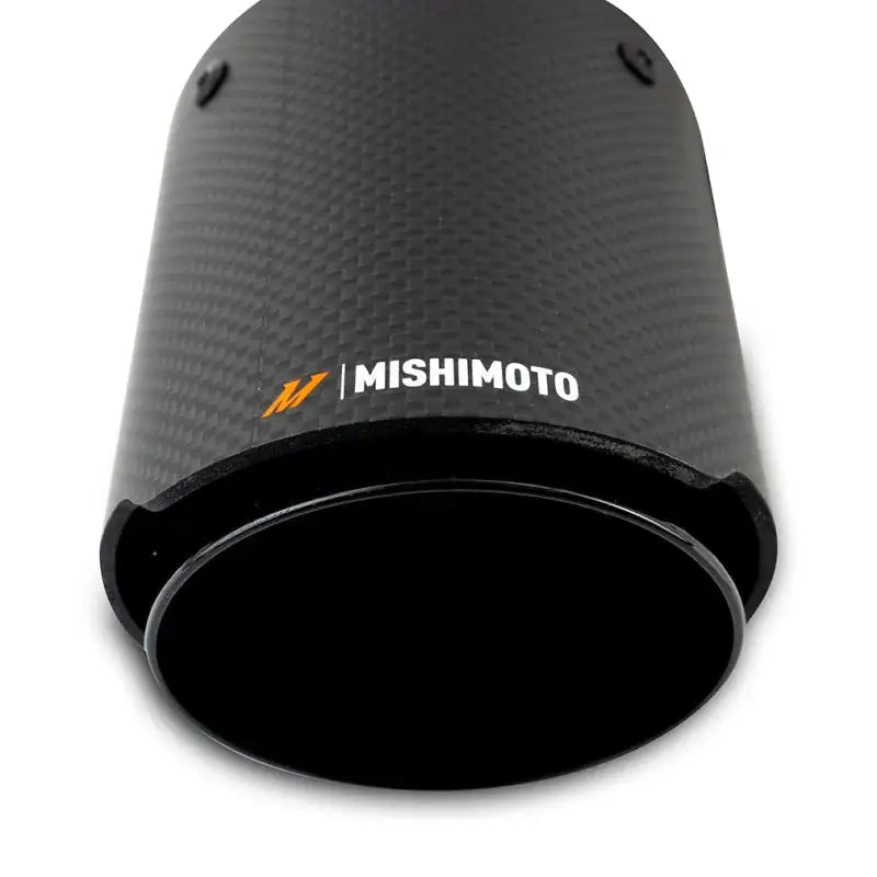 Black Mishimoto Carbon Fiber muffler tip with sleek carbon fiber design for car upgrades