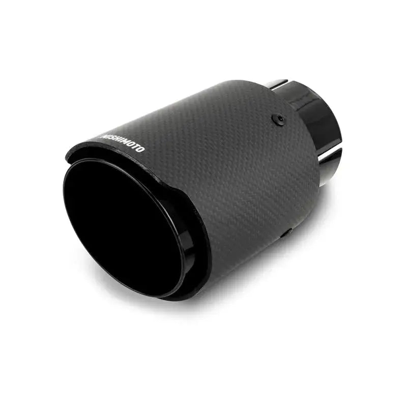 Black Mishimoto carbon fiber muffler tip with sleek exhaust design