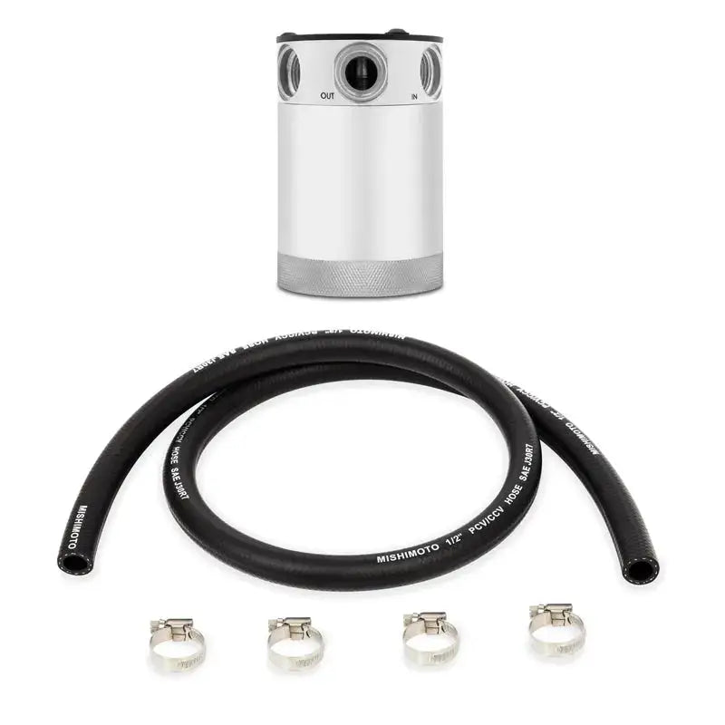 Silver Mishimoto Compact Baffled Oil Catch Can with hose and clamps for baffled oil control