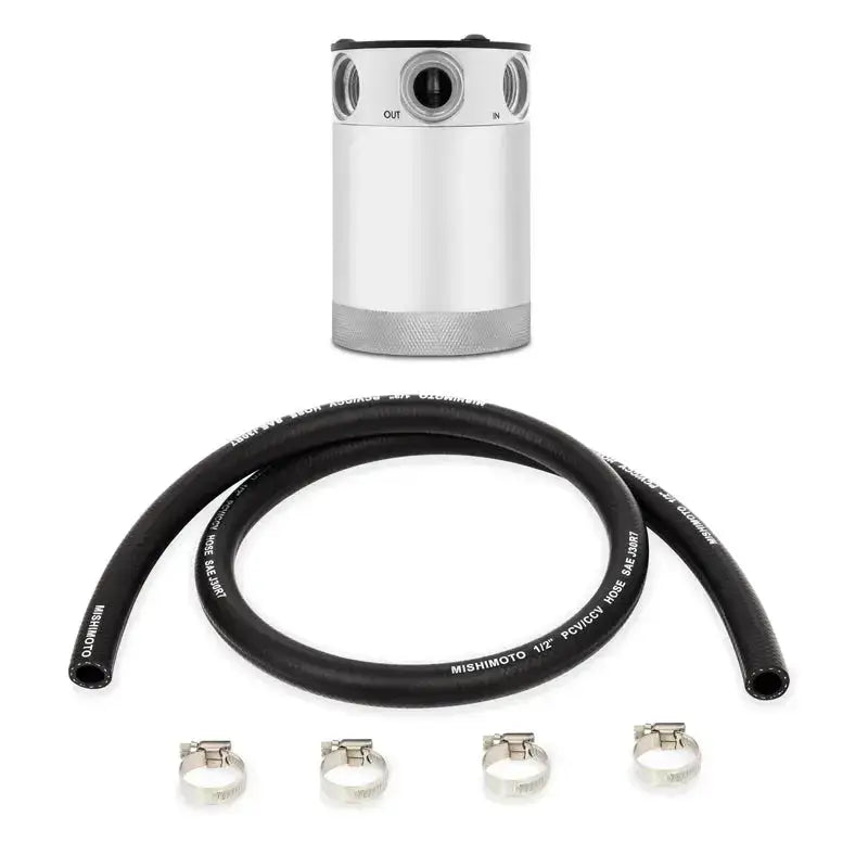 Silver Mishimoto Compact Baffled Oil Catch Can with hose and clamps for baffled oil control