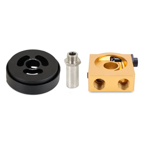 Oil filter relocation kit for GT86 thermostatic sandwich plate and adapter in gold