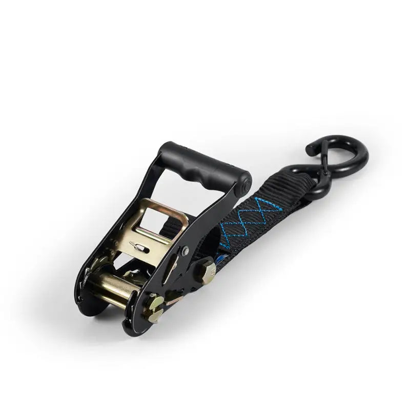 Black mishimoto heavy-duty ratchet tie-down strap for secure cargo fastening in tie-down kit