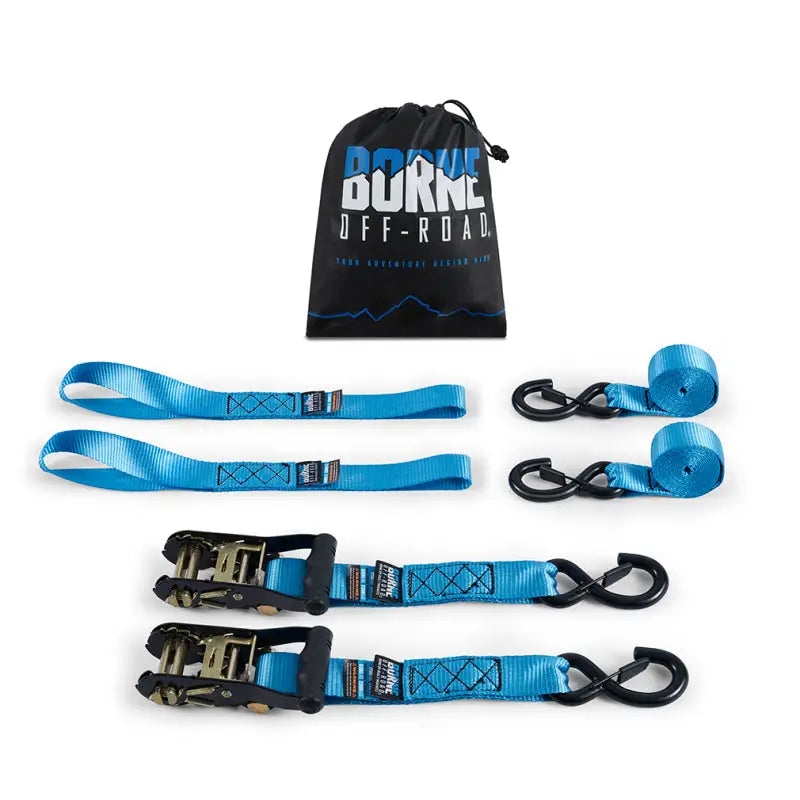 Blue mishimoto heavy-duty ratchet tie-down straps with storage bag for secure cargo holding
