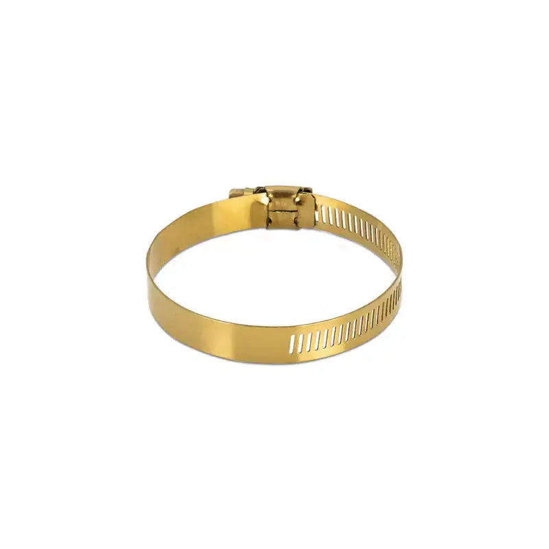 Gold Mishimoto high-torque worm gear clamp for secure hose fixing in automotive uses