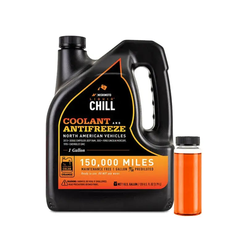 Black mishimoto liquid chill EG coolant jug for North American vehicles in orange