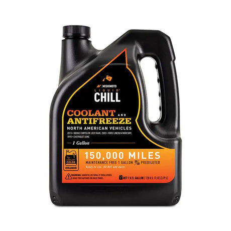 Black Mishimoto Liquid Chill EG Coolant jug for North American vehicles in orange