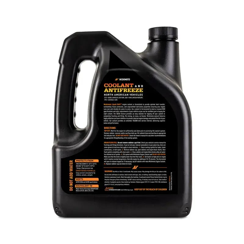 Black Mishimoto Liquid Chill EG Coolant jug for North American vehicles in orange