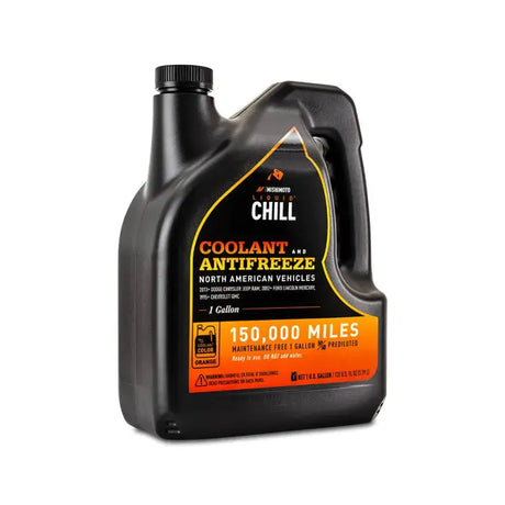 Black Mishimoto Liquid Chill EG Coolant jug for North American vehicles in orange