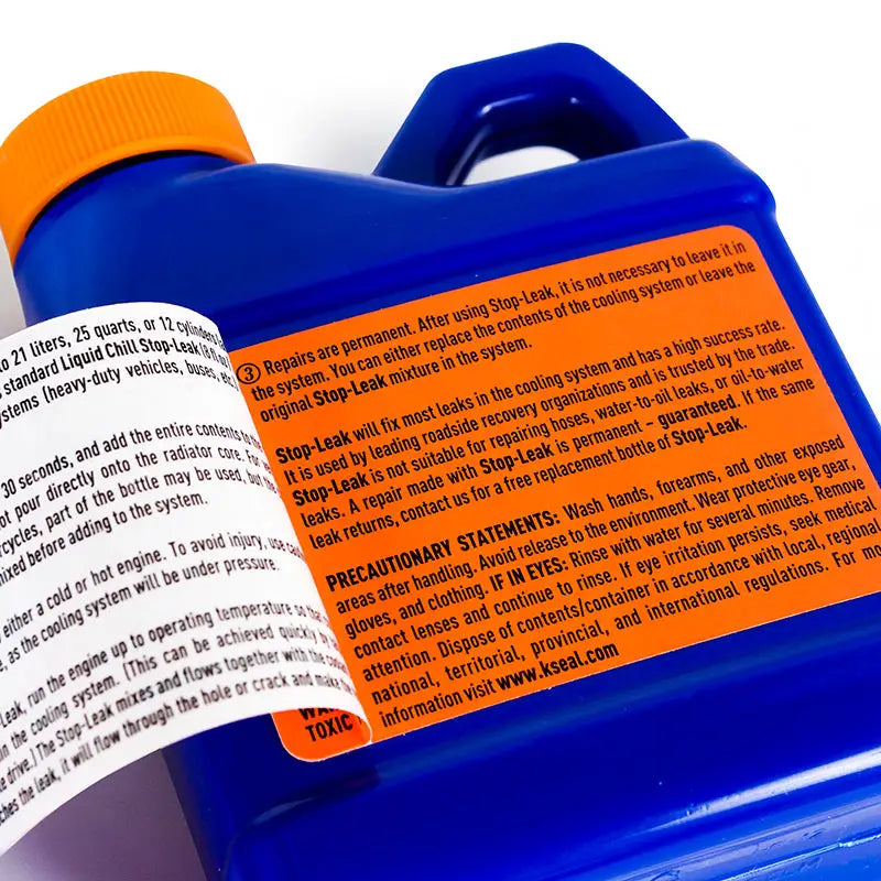 Blue bottle of Mishimoto Liquid Chill Stop-Leak coolant for engine repairs