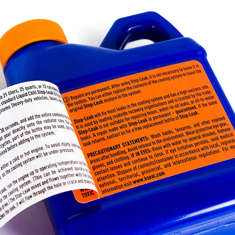 Blue bottle of Mishimoto Liquid Chill Stop-Leak coolant for engine repairs