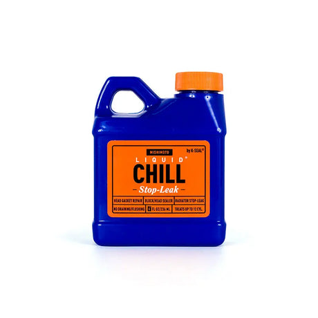 Blue bottle of mishimoto liquid chill stop-leak 8oz for radiator shut-downs