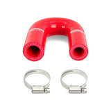Red Mishimoto LS heater core bypass hose with metal clamps for easy installation