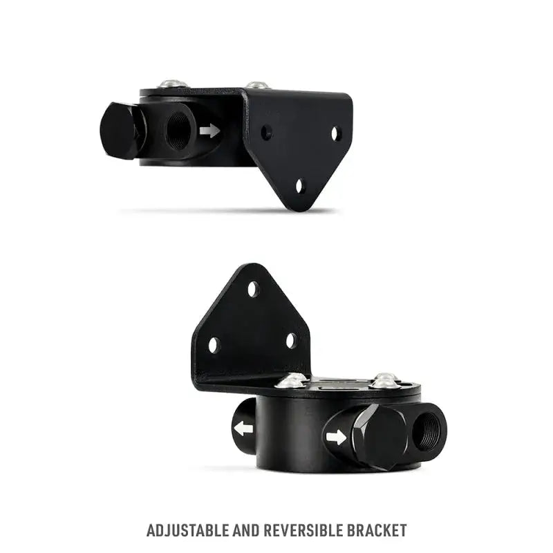 Adjustable reversible black bracket for remote oil filter mount in Mishimoto oil filter setup