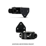 Adjustable reversible black bracket for remote oil filter mount in Mishimoto oil filter setup