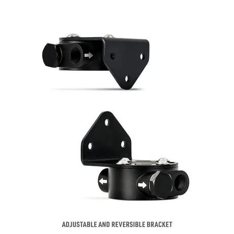 Adjustable reversible black bracket for remote oil filter mount in Mishimoto oil filter setup
