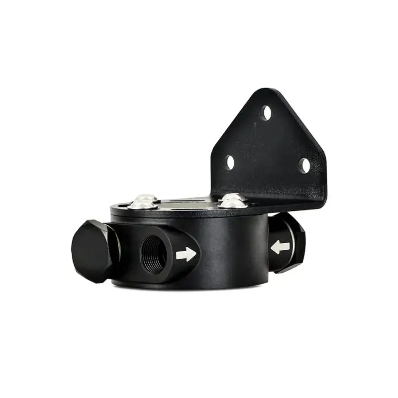 Black Mishimoto remote oil filter mount with oil filter relocation kit for easier access