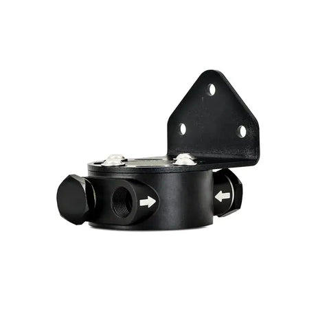 Black Mishimoto remote oil filter mount with oil filter relocation kit for easier access