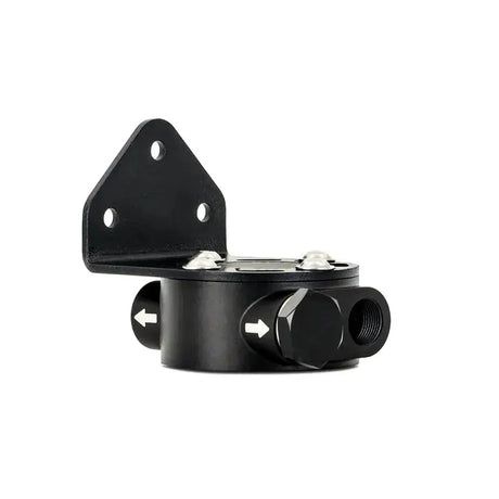 Black metal oil filter mount for remote oil filter installation on Mishimoto M20 x 1.5