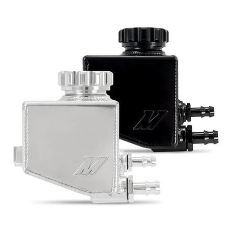 Two shiny aluminum power steering reservoirs for Mishimoto Pontiac GTO G8 kit