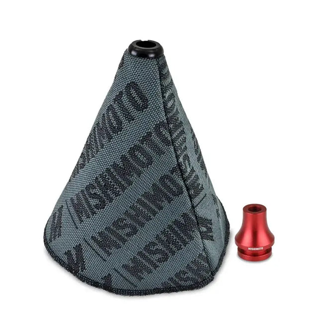 Gray fabric shift boot cover with red knob for Mishimoto Shift Boot Cover Bundle