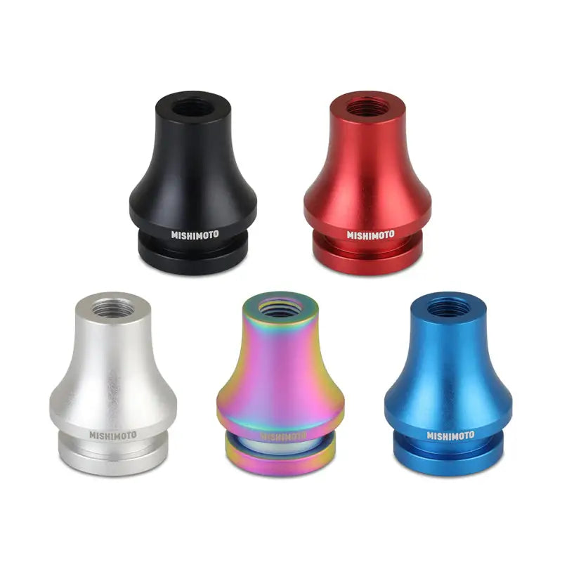 Colorful Mishimoto shift knobs with shift boot retainer and adapter for M12x1.25 blue
