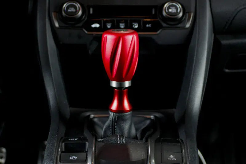 Red twisted shift knob for Mishimoto shift boot with shift boot retainer adapter