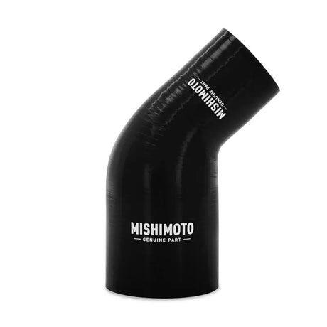 Black mishimoto silicone reducer coupler for 1.75in to 2.5in hoses in a 45 degree bend