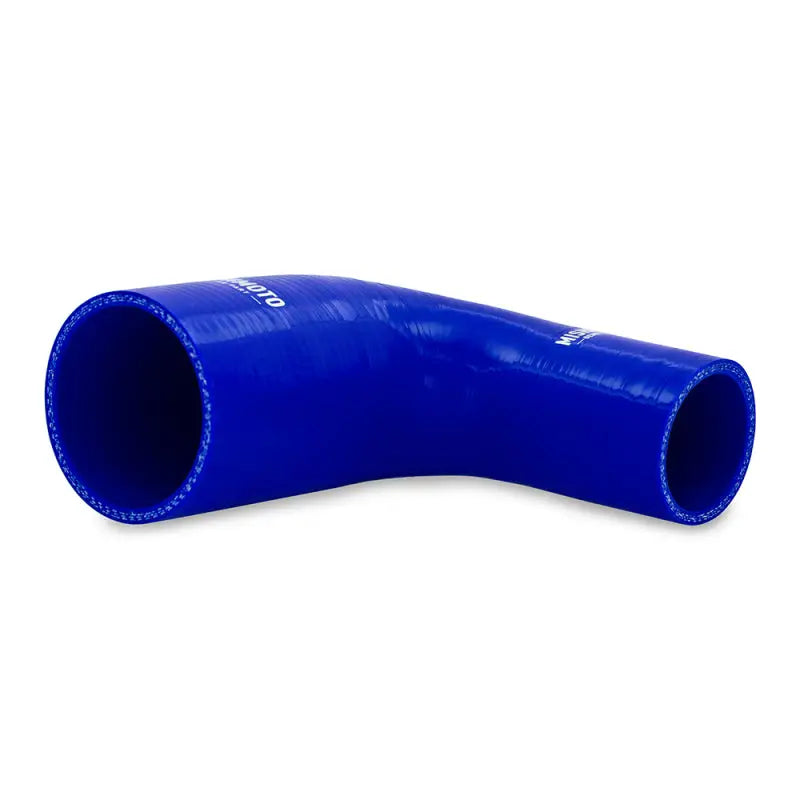 Blue mishimoto silicone reducer coupler for 2in to 3in hoses, 90 degree elbow style