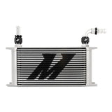 Silver oil cooler with black fittings showing Mishimoto Straight Push Lock Fitting 10AN