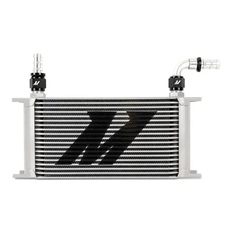 Silver oil cooler with black fittings showing Mishimoto Straight Push Lock Fitting 10AN