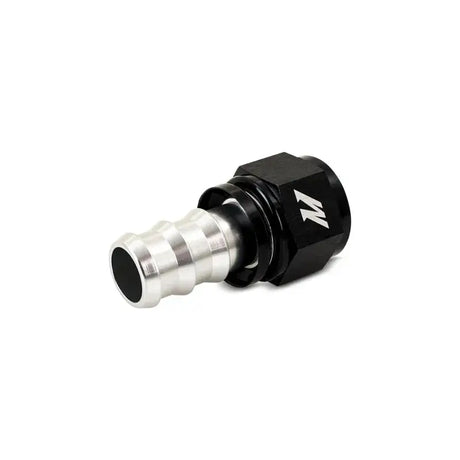 Black and silver Mishimoto Straight Push Lock Fitting 12AN for secure push lock connection