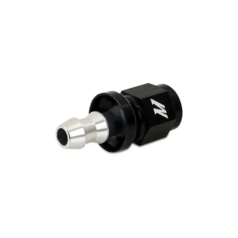 Black and silver hose fitting for Mishimoto straight push lock fitting, 4AN design