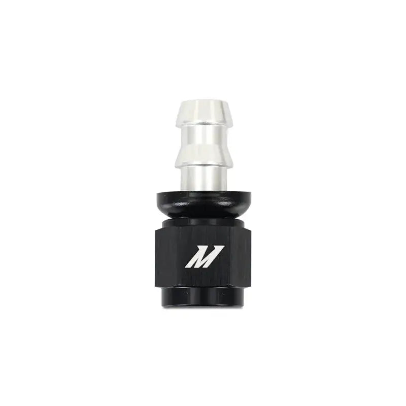 Black and silver Mishimoto straight push lock fitting, premium push lock fitting for ease