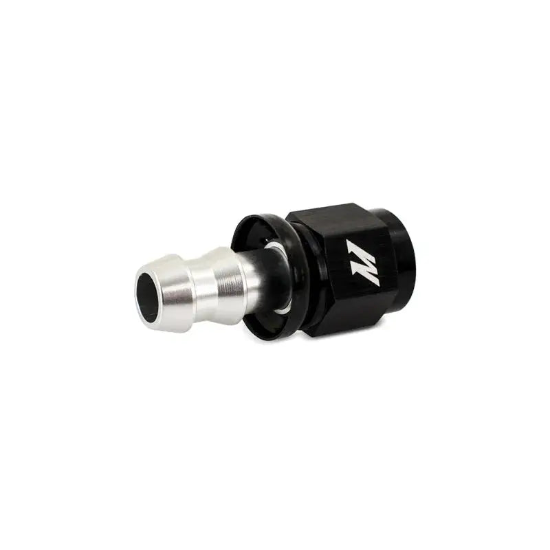 Black and silver Mishimoto straight push lock fitting for 6AN hoses