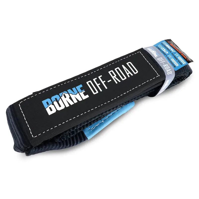 Black and blue mishimoto tree saver strap for safe tree recovery and rescue